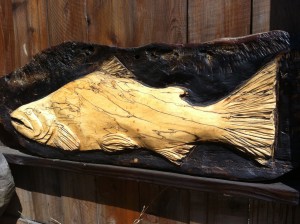 King Salmon was carved in spalted maple and measures 3 1/2" by 20".